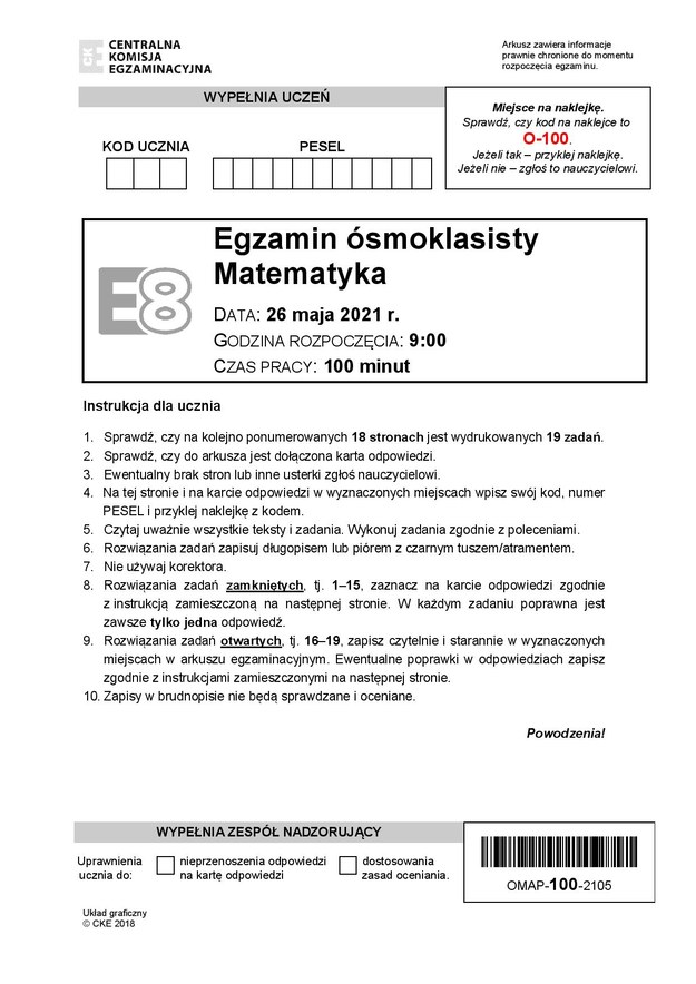 Egzamin ósmoklasisty 2021. Arkusze CKE z matematyki /Centralna Komisja Egzaminacyjna